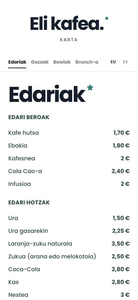 Eli Kafearen karta digitala mugikorrean, atalak euskaraz eta prezioekin
