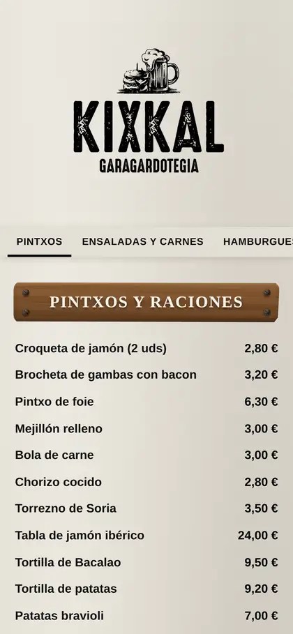 Kixkal Garagardotegiaren karta digitala mugikorrean, pintxoak eta prezioak